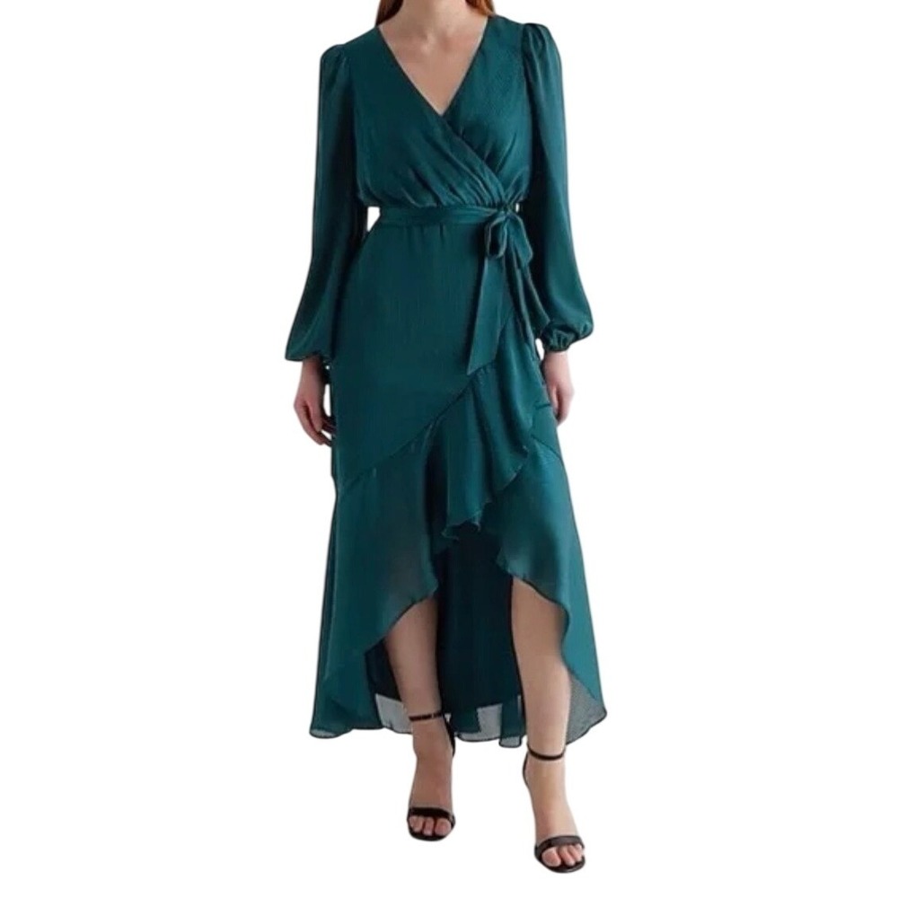 Express Teal‎ Green Satin Ruffle High Low Faux Wrap Dress Long Sleeve Size S